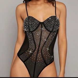 Rhinestone Bustier Mesh Cami Bodysuit